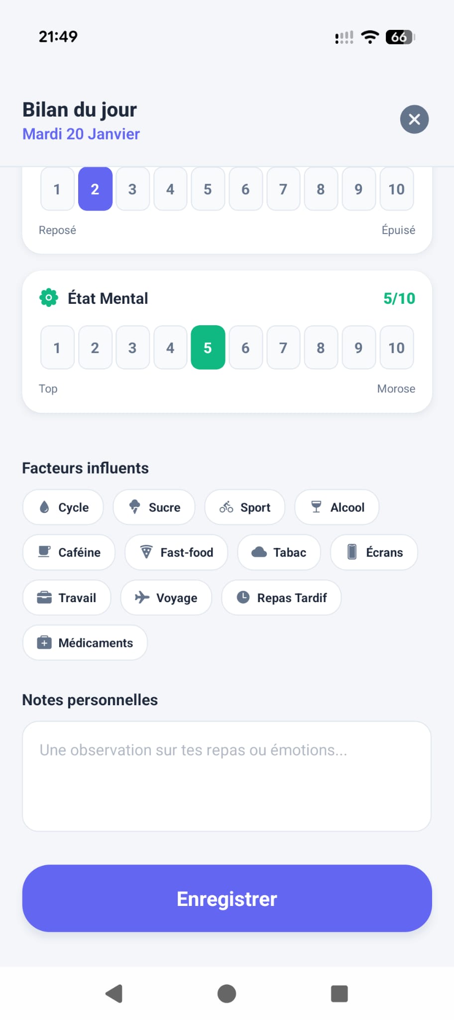 Bilan du jour : niveaux de stress, digestion, sommeil et mental